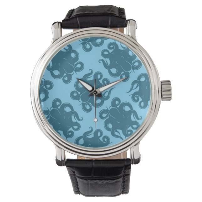 Octopus op blauw patroon horloge (Voorkant)