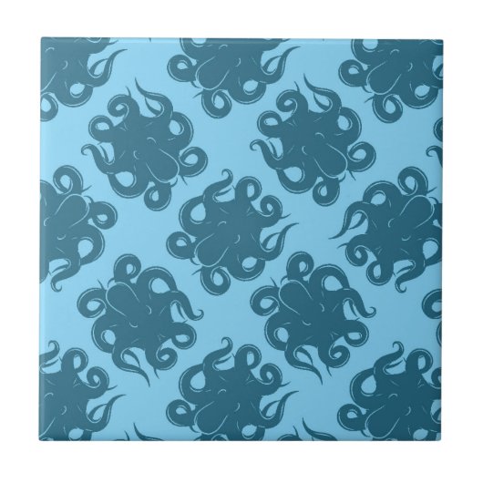 Octopus op blauw patroon tegeltje (Voorkant)