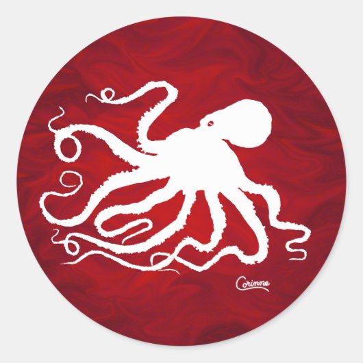 Octopus op rood - envelopstickers ronde sticker (Voorkant)