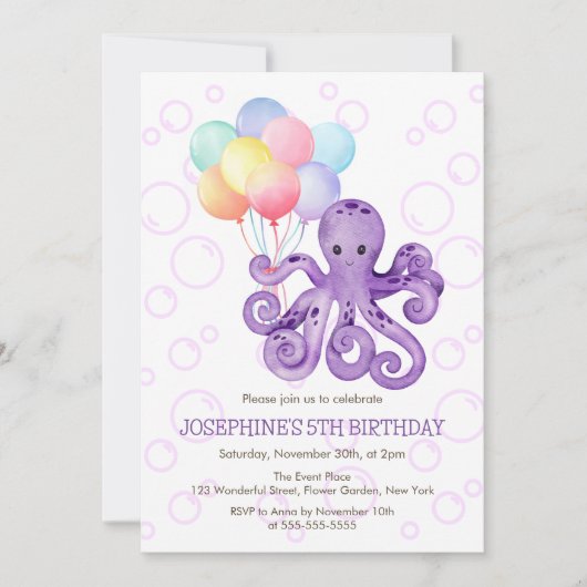 Octopus Paarse Zeepbel Kleurrijke Ballon Verjaarda Kaart (Voorkant)