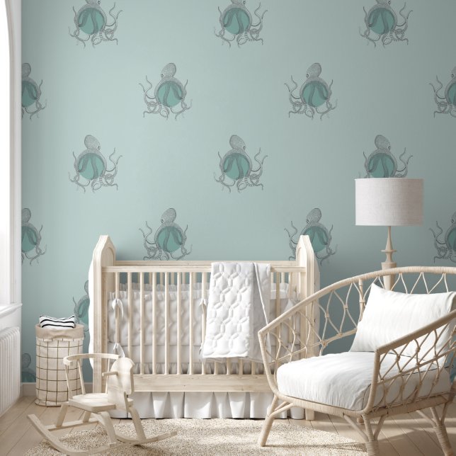 Octopus Patroon Blauw en Groen Onder het Zee Behang (Kinderen)