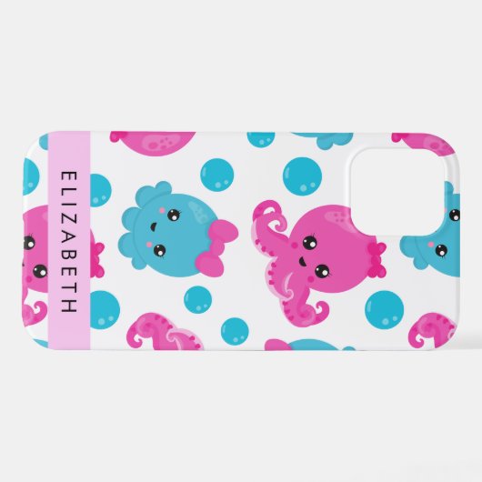 Octopus Patroon, Leuke Octopus, Zee, Jouw naam iPhone Hoesje (Achterkant horizontaal)
