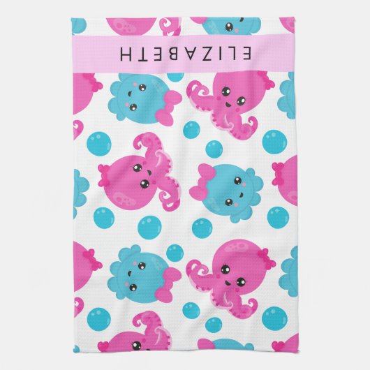 Octopus Patroon, Leuke Octopus, Zee, Jouw naam Theedoek (Verticaal)