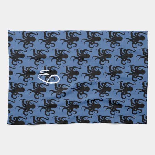 Octopus Pattern Single Initiaal Donkerblauw Theedoek (Horizontaal)
