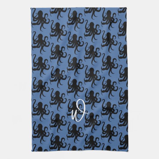Octopus Pattern Single Initiaal Donkerblauw Theedoek (Verticaal)