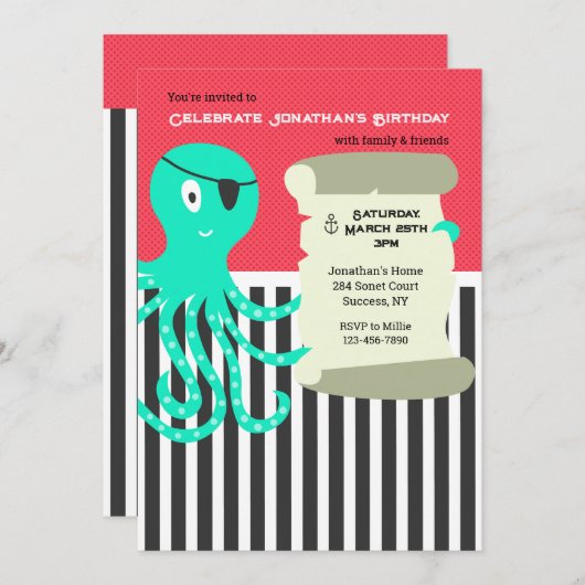 Octopus Pirate Birthday Uitnodiging (Voorkant / Achterkant)