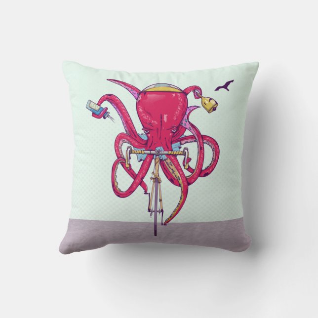 Octopus Riding een fiets Kussen (Achterkant)