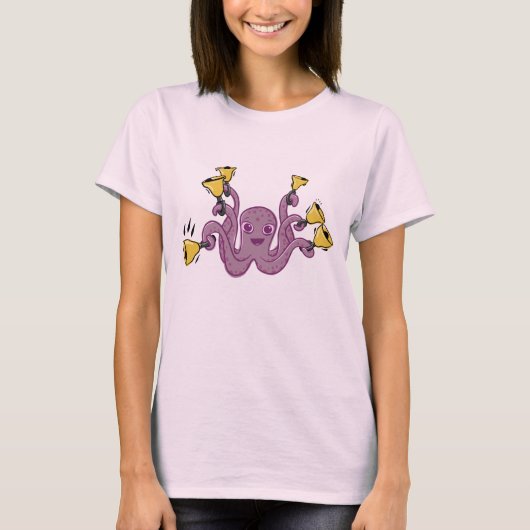 Octopus Ringende Handbells Cartoon T-shirt (Voorkant)