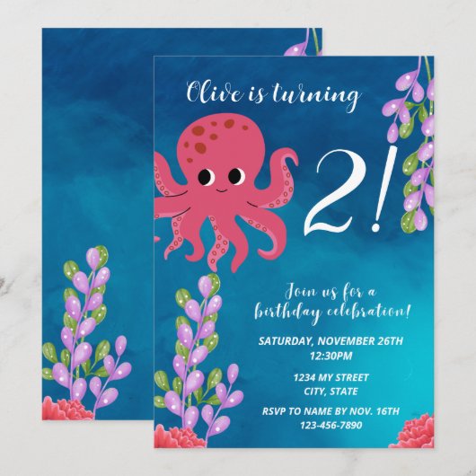 Octopus rose Invitation Anniversaire (Devant / Derrière)