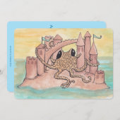Octopus & Sandcastle Birthday Uitnodiging (Voorkant / Achterkant)