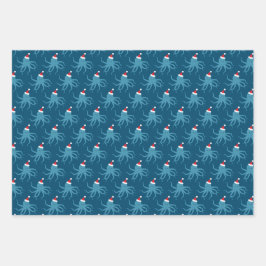 Octopus Santa Hat Blue Holiday Animal Kerstmis Inpakpapier Vel