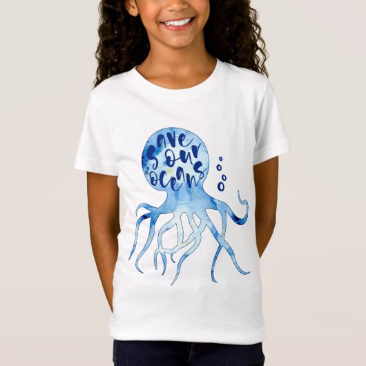 Octopus Save Our Oceans Calligraphy Waterverf Art T-shirt (Voorkant)