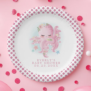 Octopus Schattig Roze Aquarel Meisje Baby Shower Papieren Bordje