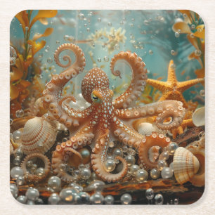 Octopus Schelpen Zeesterren Parels Oceaan Tropisch Vierkante Kartonnen Onderzetter