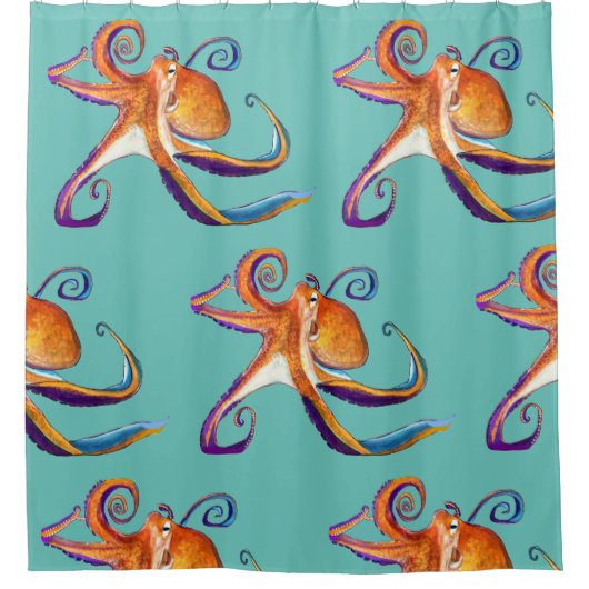 Octopus sealife waterverf kunst douchegordijn (Voorkant)