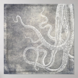 Octopus Silver Pewter Gray Waterverf Poster