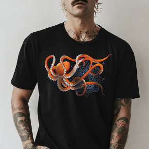 Octopus Sinaasappel Mandala Blauw T-shirt