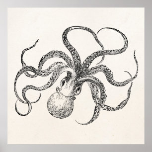  Octopus-Sjabloon over Antiek papier Poster