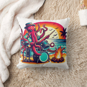 Octopus speelt drums op Sunset Beach Party Kussen