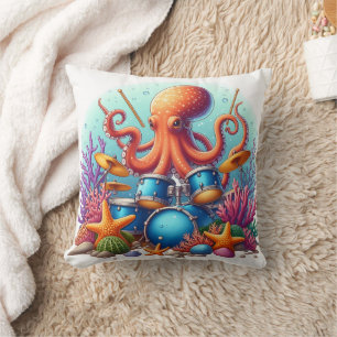 Octopus speelt drums tussen kleurrijk koraalrif kussen