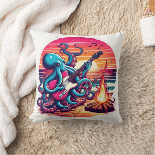 Octopus speelt gitaar bij kampvuur bij zonsonderga kussen