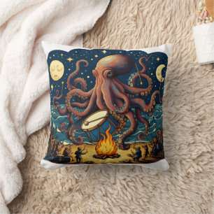 Octopus speelt trommel bij kampvuur onder sterren kussen