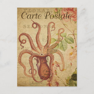  Octopus Squid roze Roses Frans Briefkaart