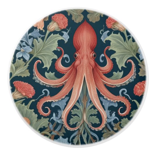 Octopus Squid William Morris stijl Zee Ocean Life Keramische Knop (Voorkant)