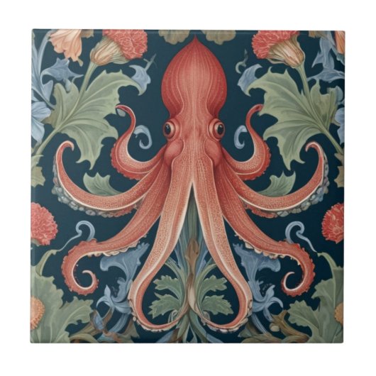 Octopus Squid William Morris stijl Zee Ocean Life Tegeltje (Voorkant)
