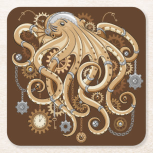 Octopus Steampunk Surreal Retrostijlmachine Vierkante Kartonnen Onderzetter