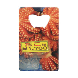 Octopus Tako たこ Tsukiji vismarkt, Tokio, Japan Kredietkaart Flessenopener