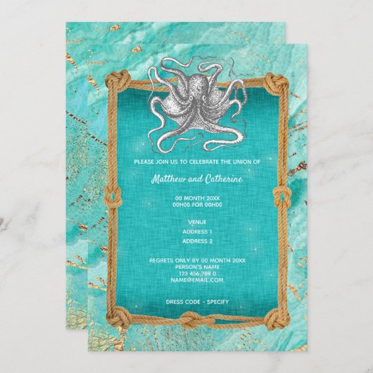 Octopus touw frame oceaan blauw goud maritiem kaart (Voorkant / Achterkant)