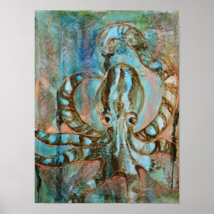 Octopus turquoise et cuivre Impression d'art Abstr