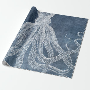  Octopus Twilight Blue Denim Waterverf Cadeaupapier