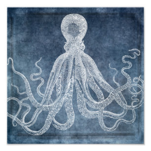  Octopus Twilight Blue Denim Waterverf Foto Afdruk