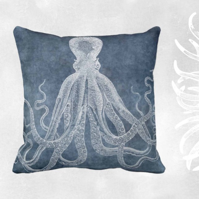  Octopus Twilight Blue Denim Waterverf Kussen (Creator heeft geüpload)