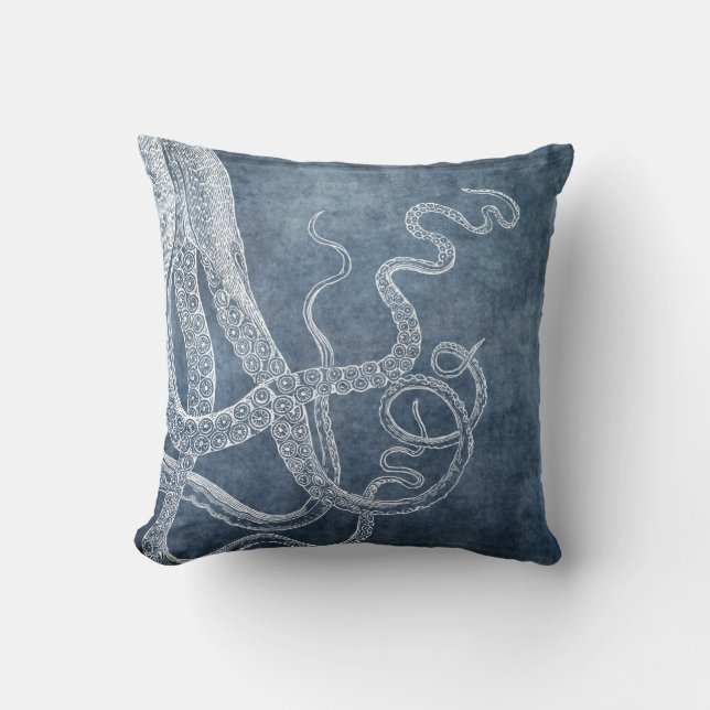  Octopus Twilight Blue Denim Waterverf Kussen (Voorkant)