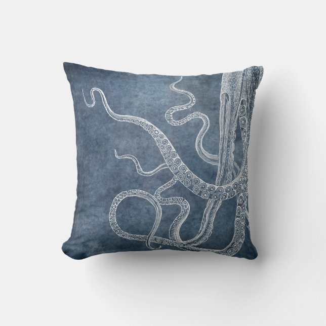  Octopus Twilight Blue Denim Waterverf Kussen (Voorkant)