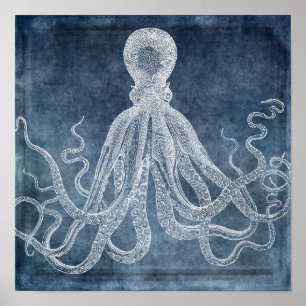  Octopus Twilight Blue Denim Waterverf Poster