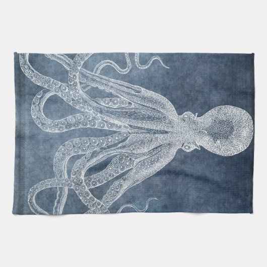 Octopus Twilight Blue Denim Waterverf Theedoek (Horizontaal)