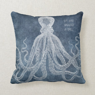 Octopus Twilight Blue Waterverf Quote Kussen