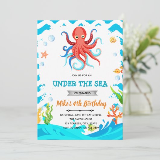 Octopus verjaardagsuitnodiging kaart (Staand voorkant)