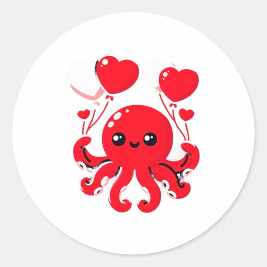 Octopus With Heart Lloons Adorable Valentines Day  Ronde Sticker (Voorkant)