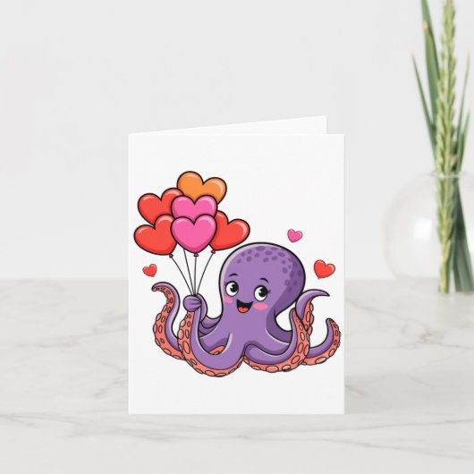 Octopus With Heart Lloons Valentine Day  Kaart (Voorkant)