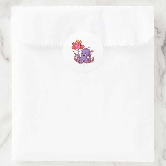 Octopus With Heart Lloons Valentine Day Ronde Sticker (Tas)