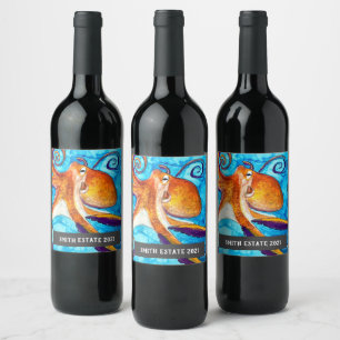 Octopus zee, waterverf, wijnlabel wijn etiket