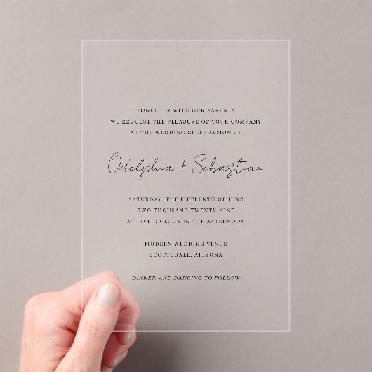 Odelphia Modern Script minimale elegante bruiloft Acryl Uitnodigingen (Insitu (Draagbaar))