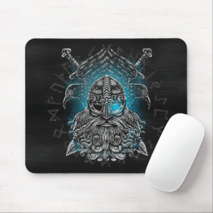 Odin-raven en zwaarden Blauw lichtgevend oog Noors Muismat