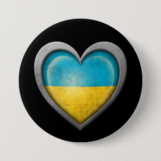 Oekraïense hartvlag met metaaleffect ronde button 7,6 cm (Voorkant)