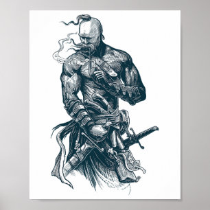 Oekraïense Kozakkenkrijger met zwaard vechtend F Poster